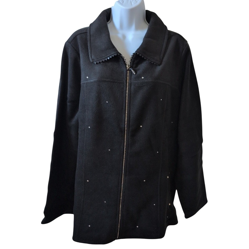 Quacker Factory 2X Black Fleece Full Zip Jacket Rhinestone Collar - New